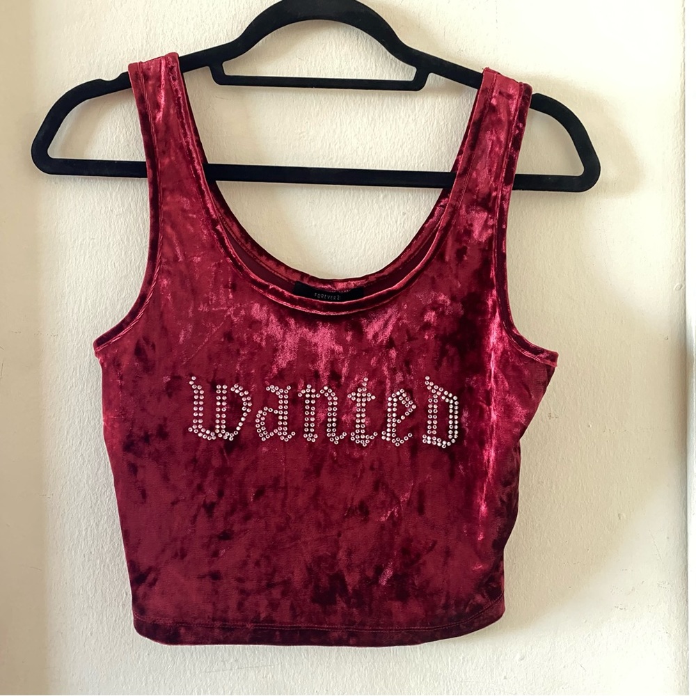 Forever 21 Burgundy Red Velvet “Wanted” Rhinestone Crop Tank Top